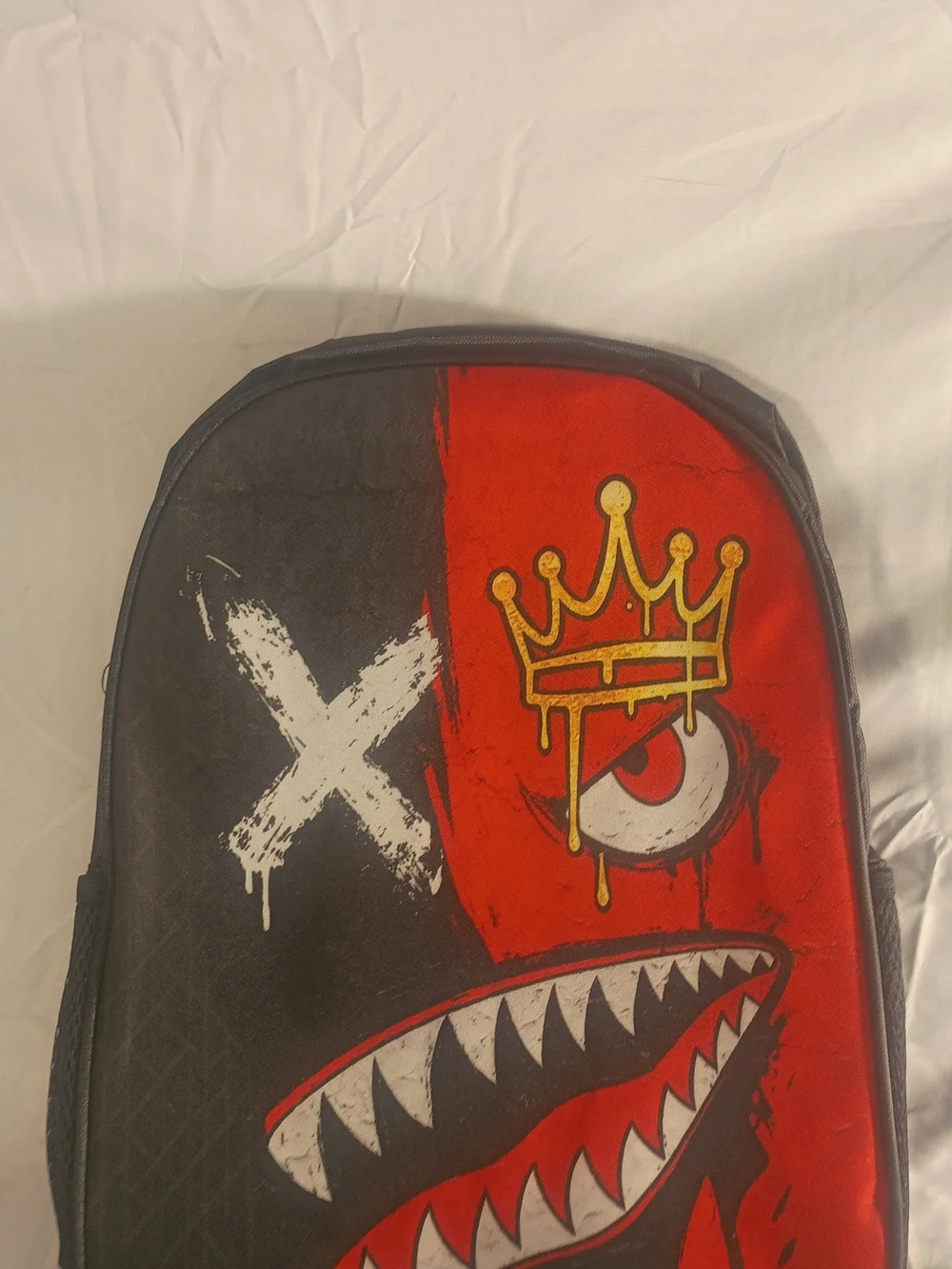 Graphic Shark Face Backpack with Crown and X Design - Black & Red